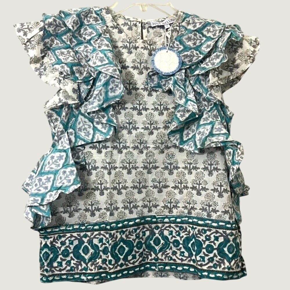 Just Bellina Womens Small Cotton Ruffle Floral Blouse Made In India NWT